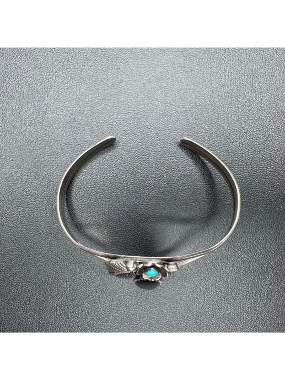 Sterling Silver Oval Onyx Feather Turquoise Accent Cuff Bracelet Vintage Sz 5.5 - Picture 7 of 16